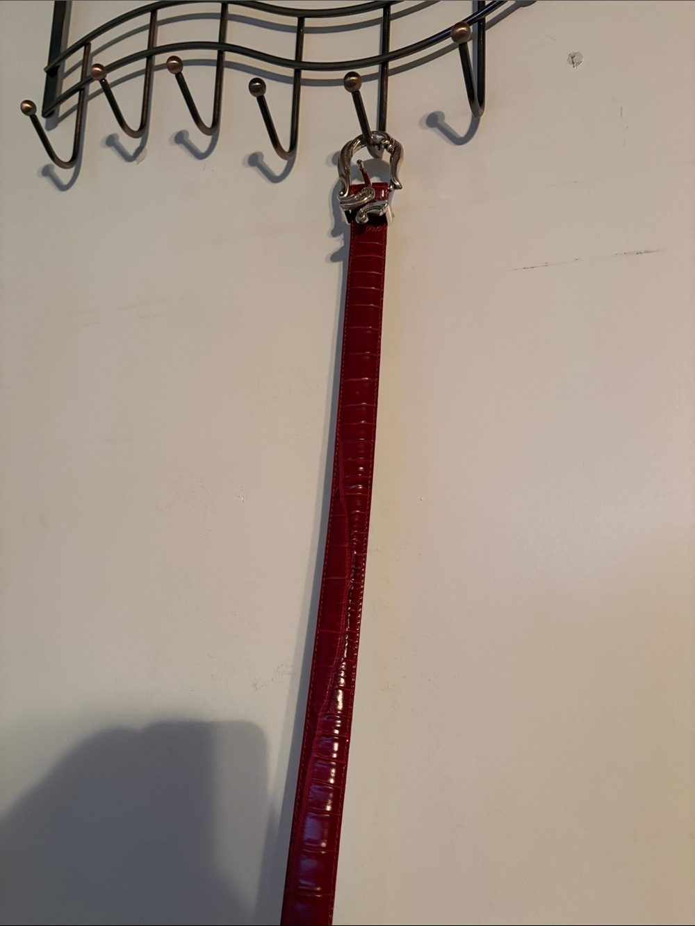 Coldwater Creek Red Croc-Embossed Patent Leather Belt with Silver Buckle